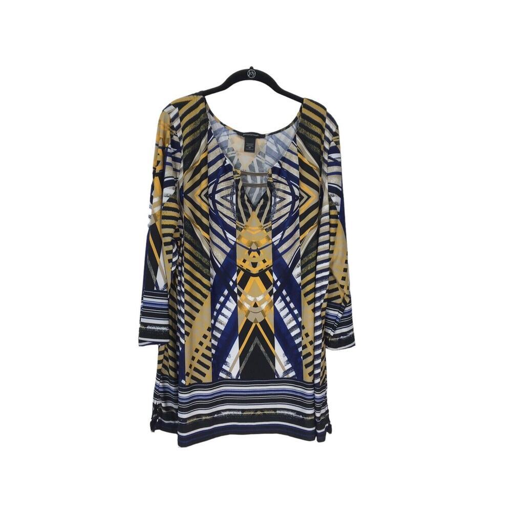 Ashley Stewart Top Womens Size 26 Yellow Multicolor Aztec Print 3/4 Sleeve